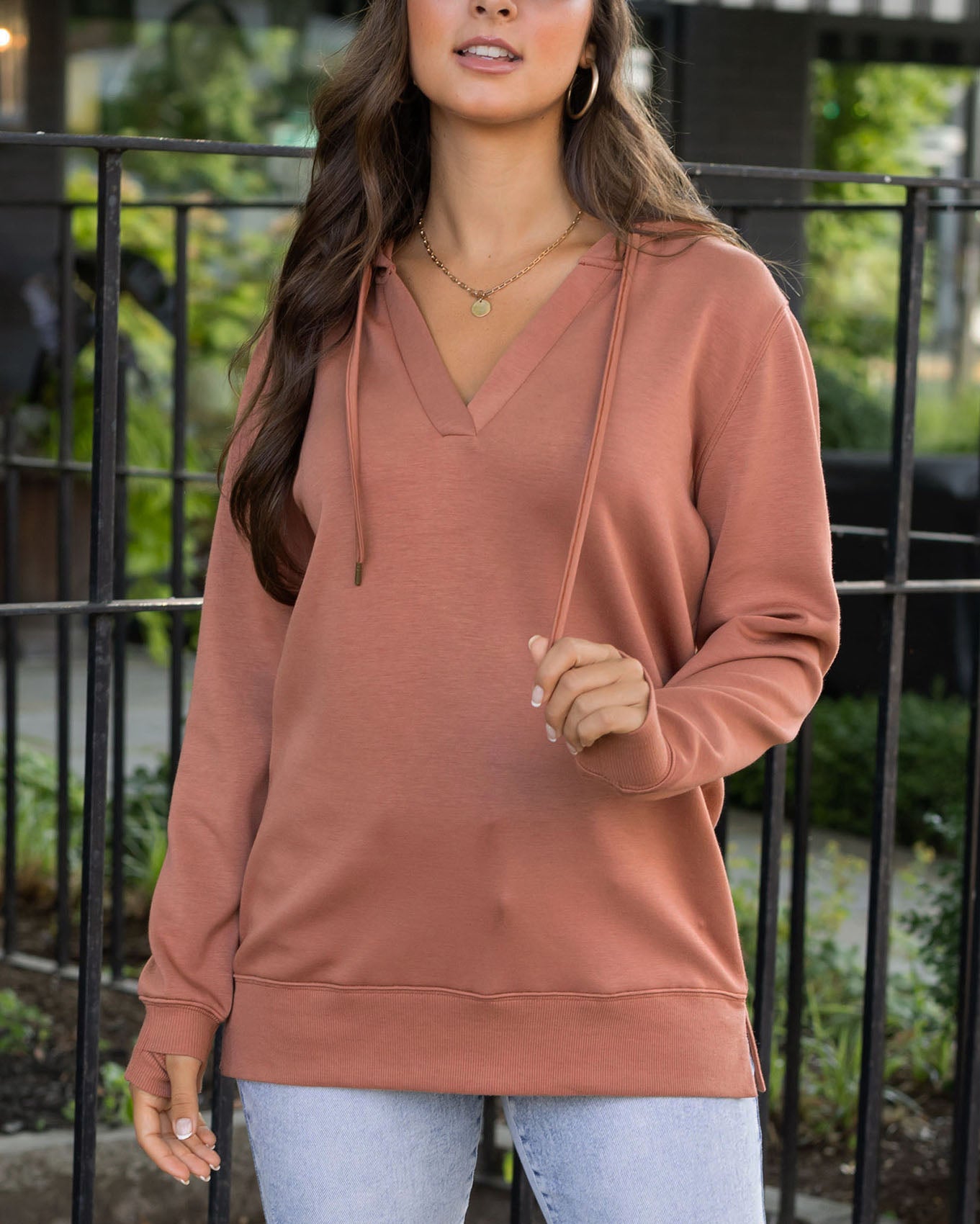 front view of sienna hooded pullover