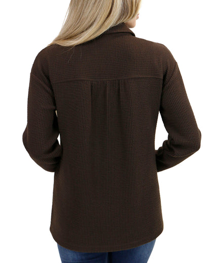 back view stock shot of brown ribbed shacket