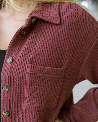 detail view of red ribbed shacket