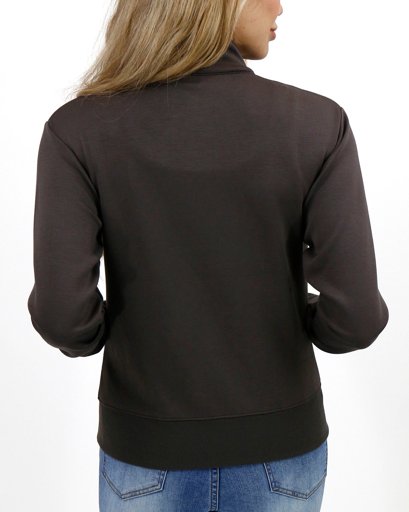 back view stock shot of portobello luxe knit zip up jacket