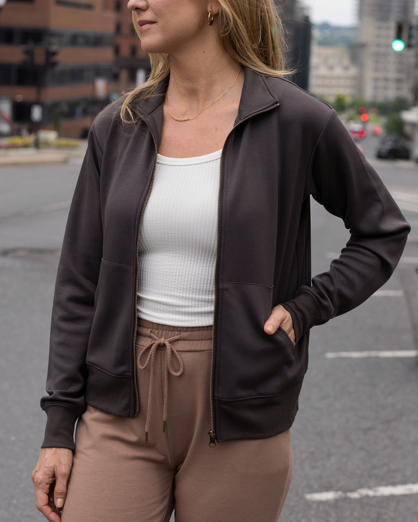 front view of portobello luxe knit zip up jacket