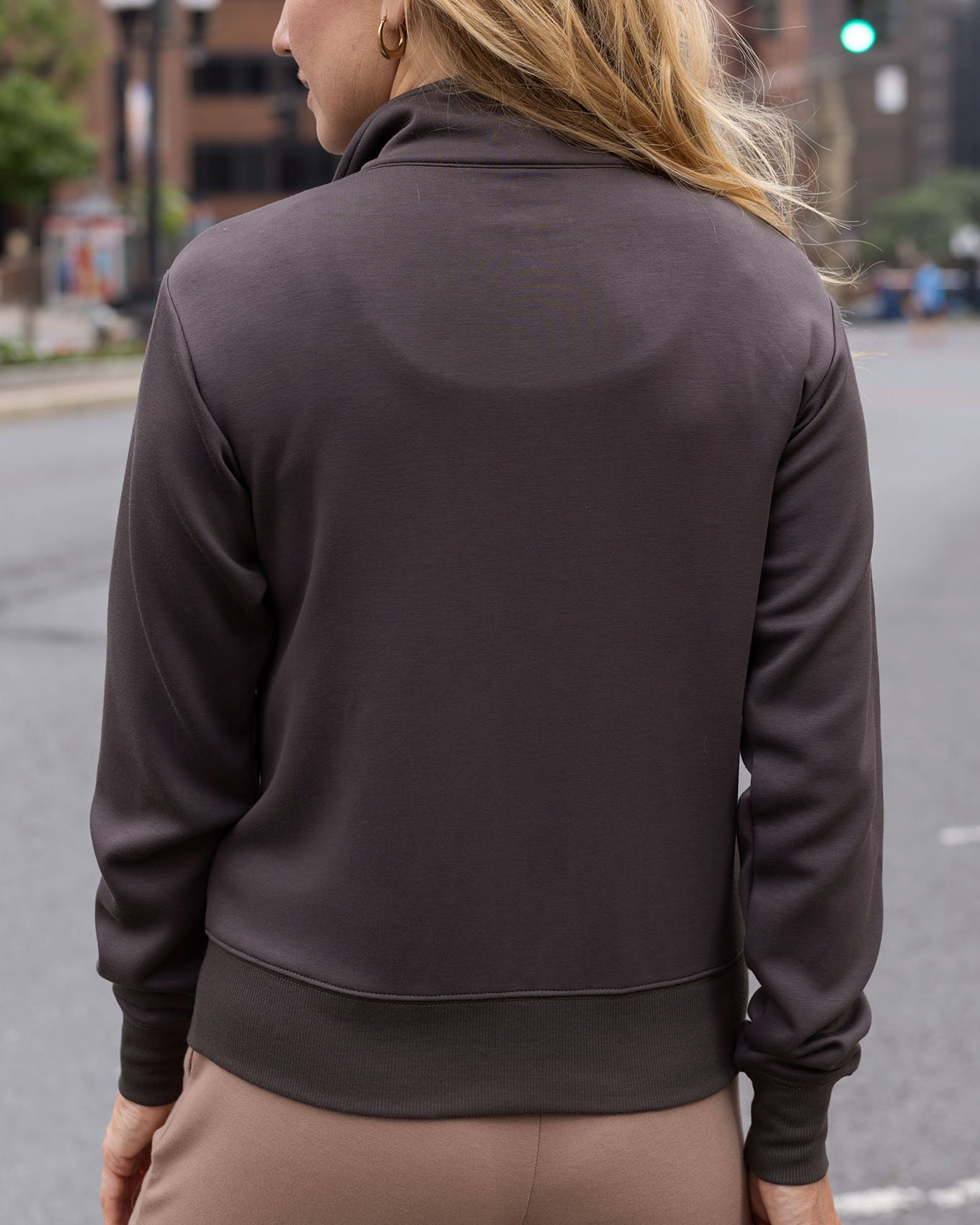 back view of portobello luxe knit zip up jacket