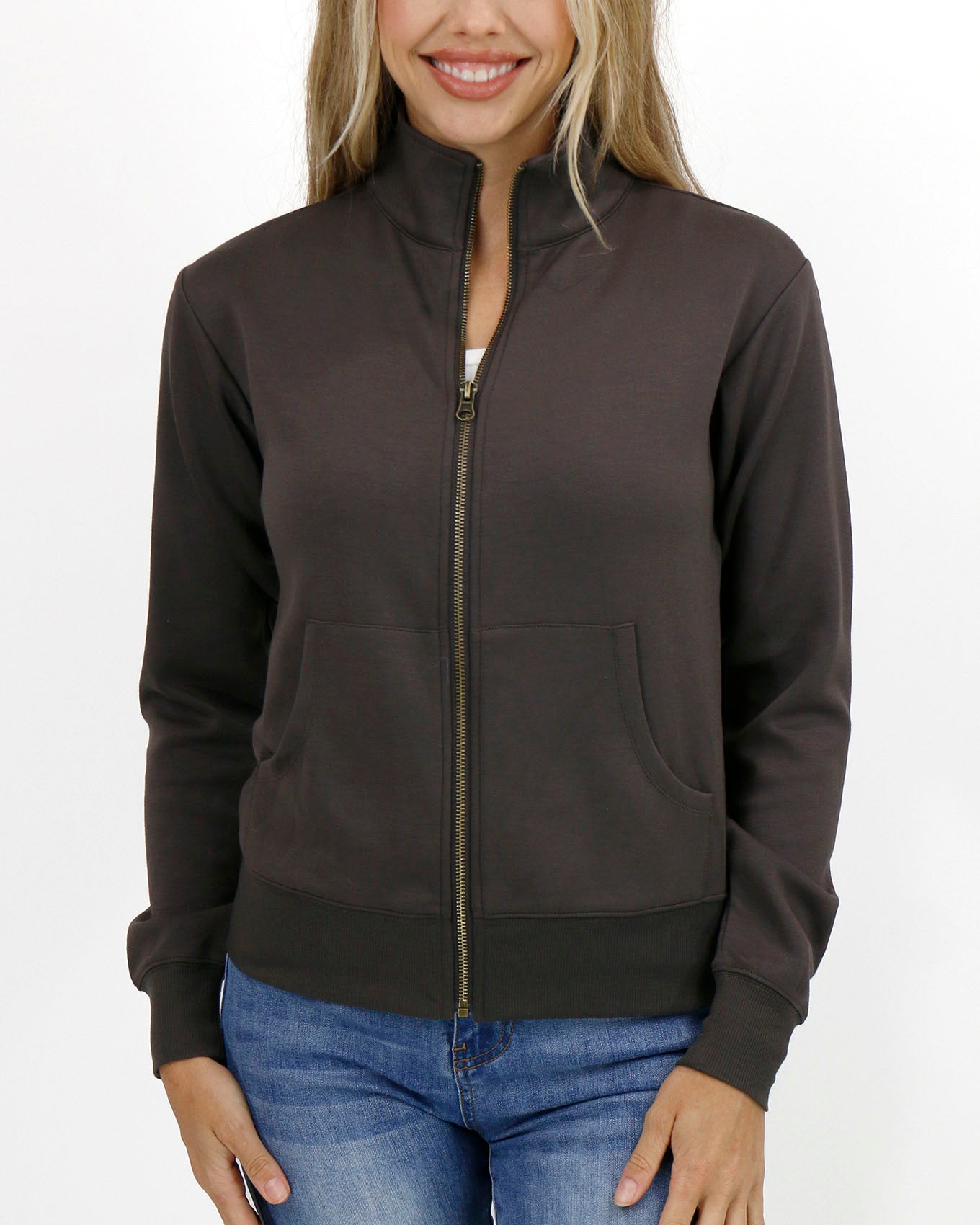 front view zipped stock shot of portobello luxe knit zip up jacket
