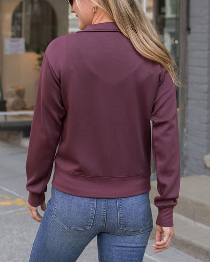 back view of raisin luxe knit zip up jacket