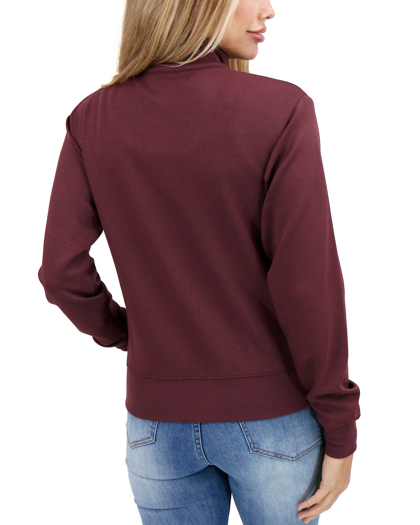 back view stock shot of raisin luxe knit zip up jacket