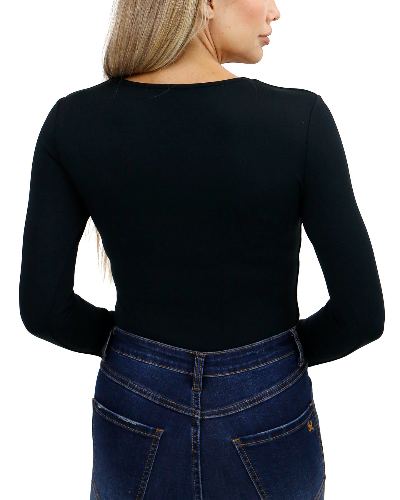 back view stock shot of black luxe long sleeve bodysuit