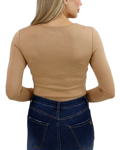 back view stock shot of camel luxe long sleeve bodysuit