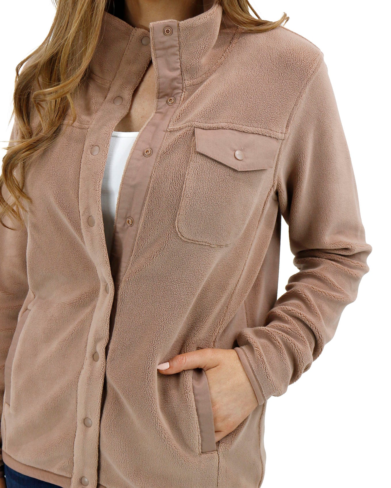 Close up stock shot of Cappuccino Luxe Teddy Fleece Jacket