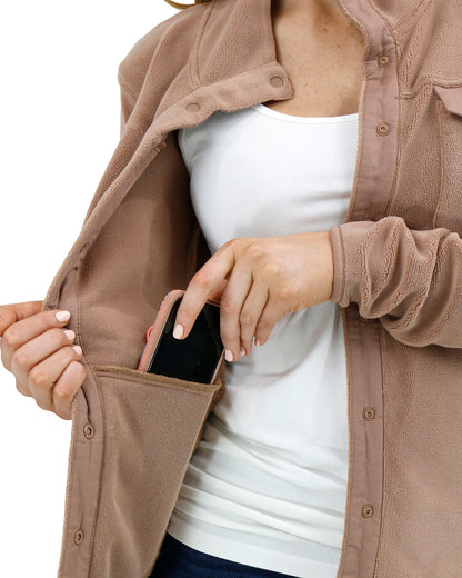 Interior pocket stock shot of Cappuccino Luxe Teddy Fleece Jacket