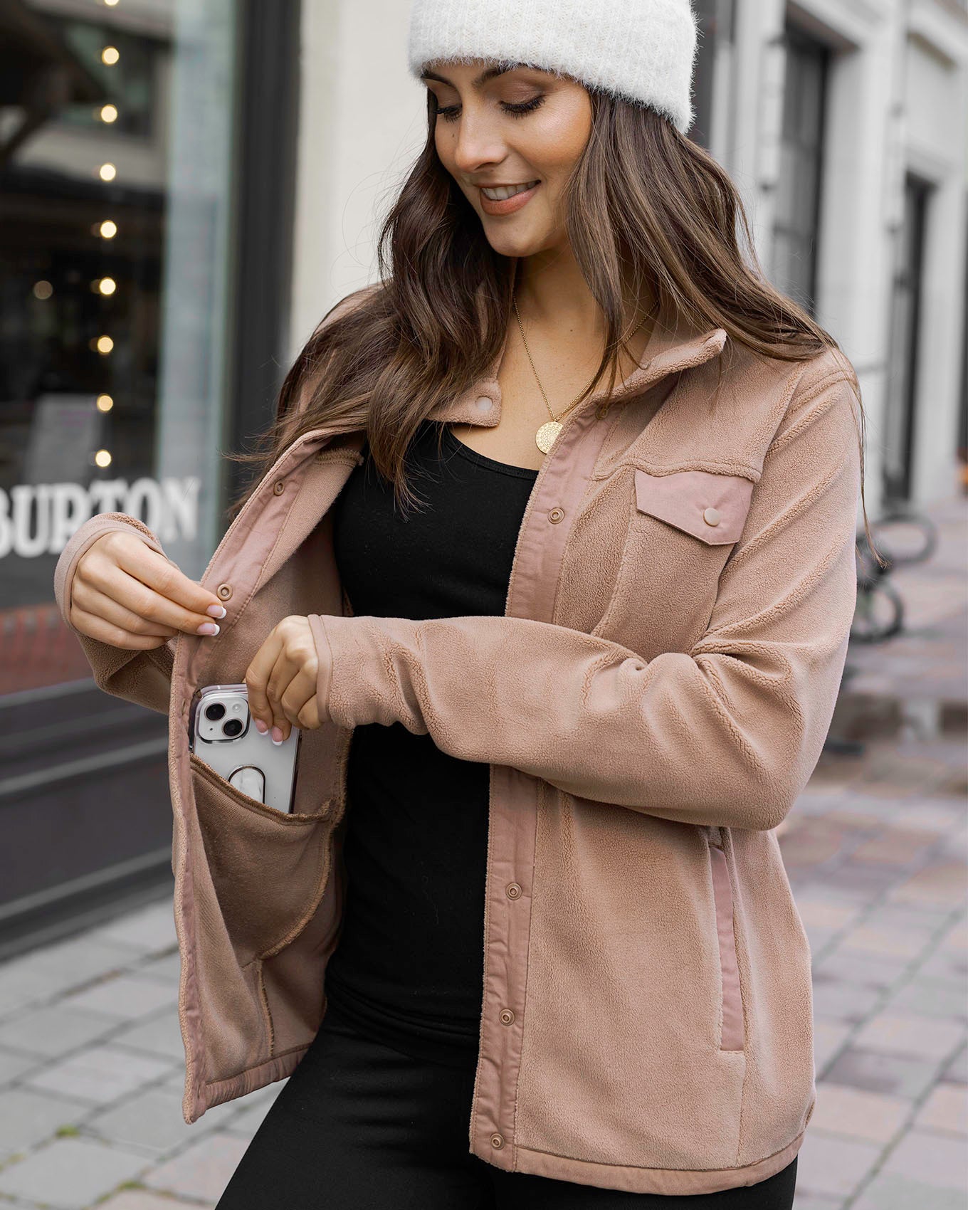 Interior pocket view of Cappuccino Luxe Teddy Fleece Jacket