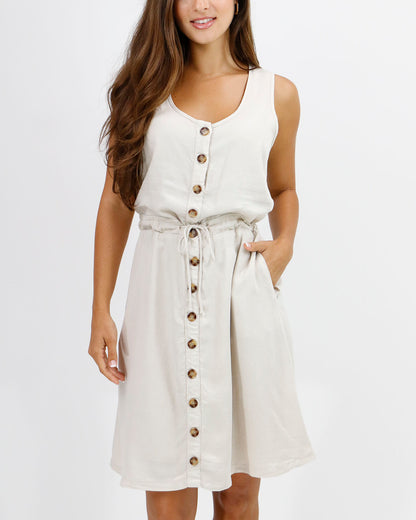 Front view stock shot of tencel lyocell day dress in natural