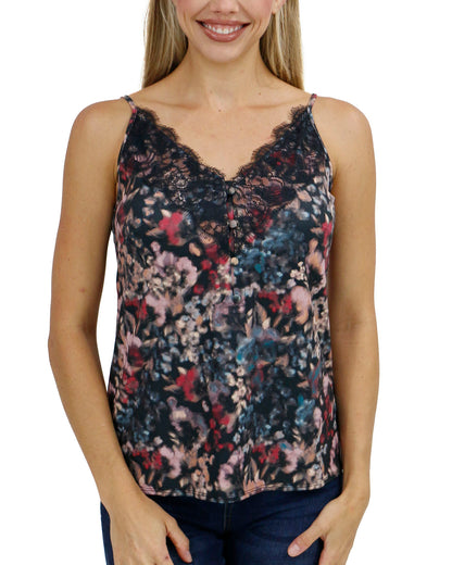 front view stock shot of button lace trim cami in abstract watercolor