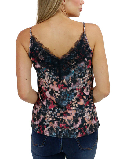 back view stock shot of button lace trim cami in abstract watercolor