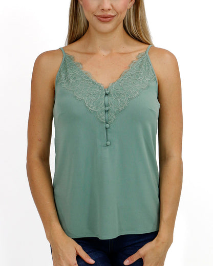 front view stock shot of button lace trim cami in frosted grove