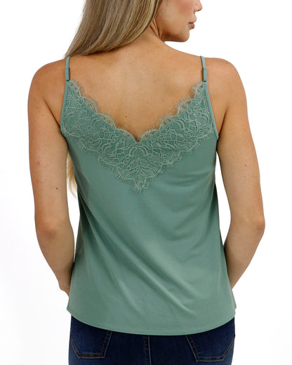 back view of button lace trim cami in frosted grove