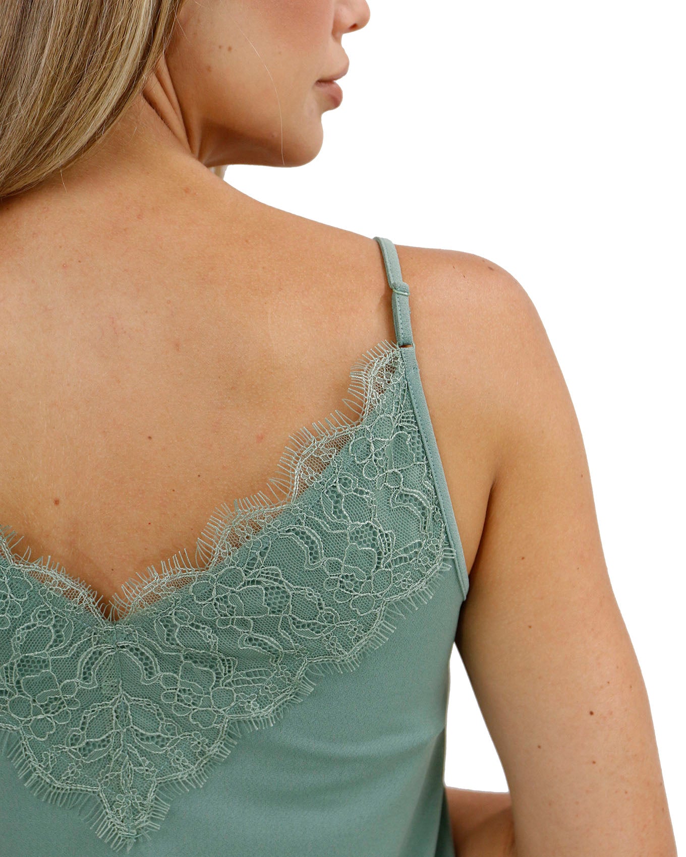 close up view of button lace trim cami