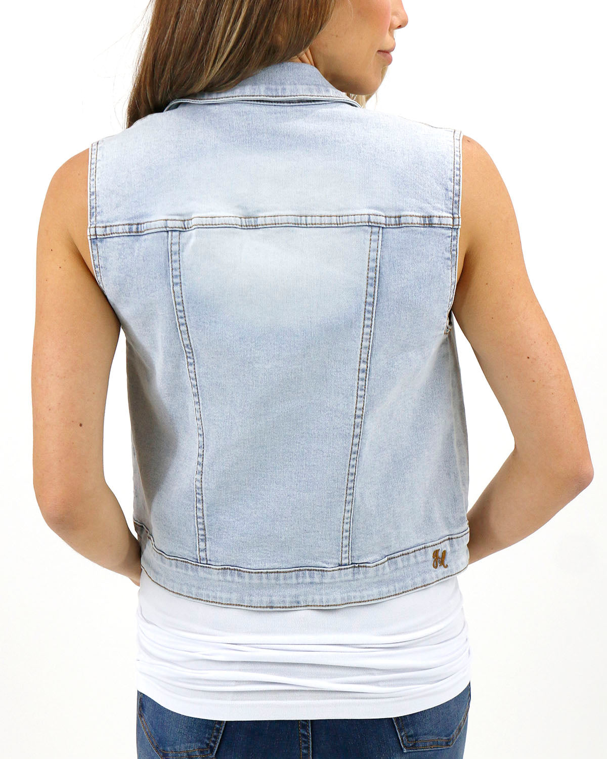 Back view stock shot of cropped light-wash denim vest