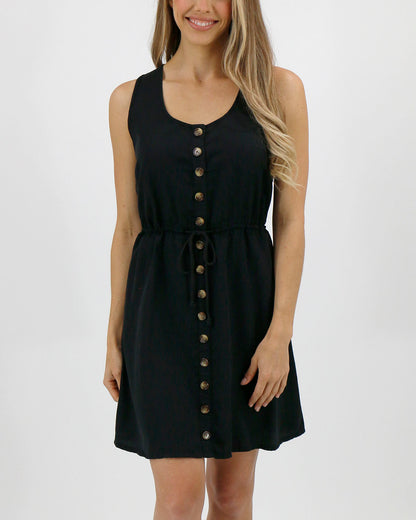 Front view stock shot of black tencel lyocell day dress