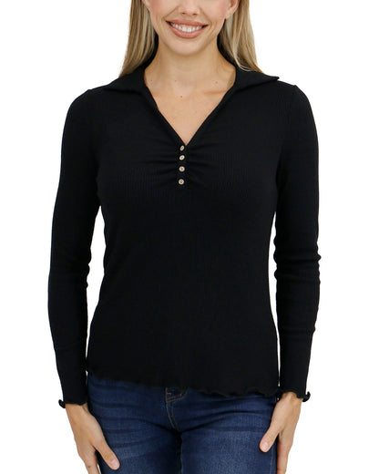 front view stock shot of macy day ribbed top in black