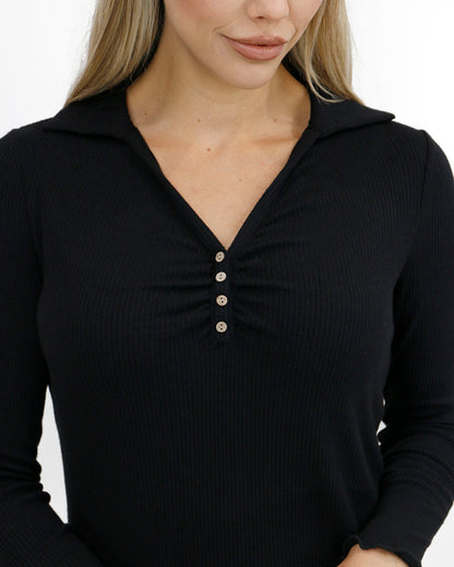 close up view stock shot of macy day ribbed top in black