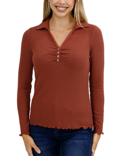 front view stock shot of macy day ribbed top in ginger spice