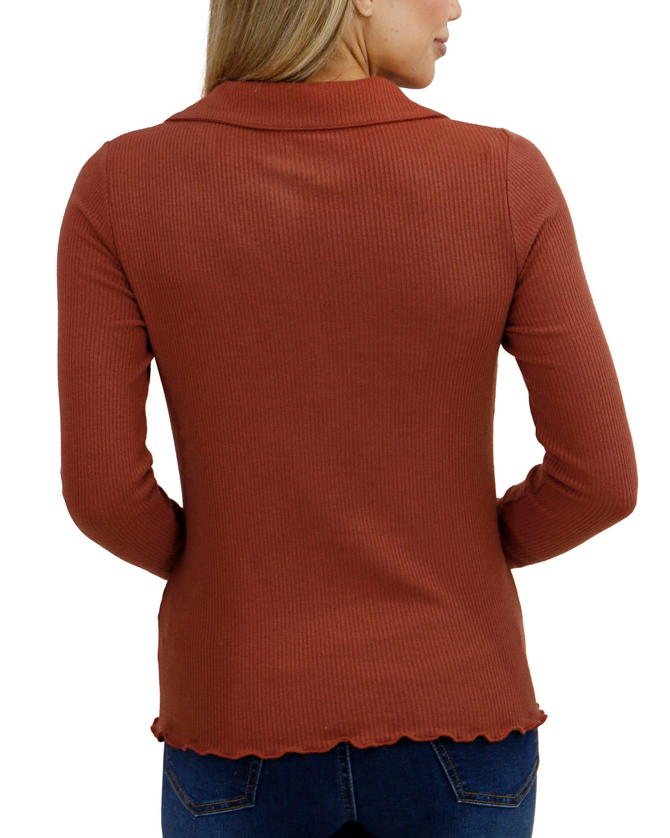 back view stock shot of macy day ribbed top in ginger spice
