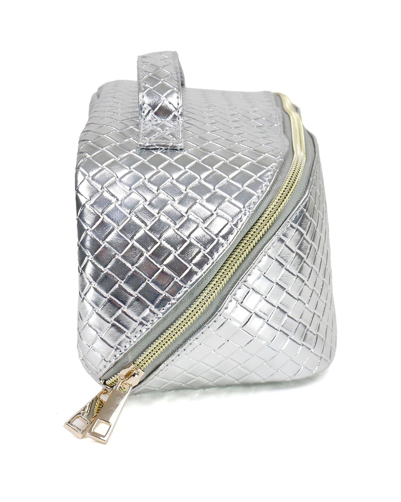 Side view of Silver Makeup Bag
