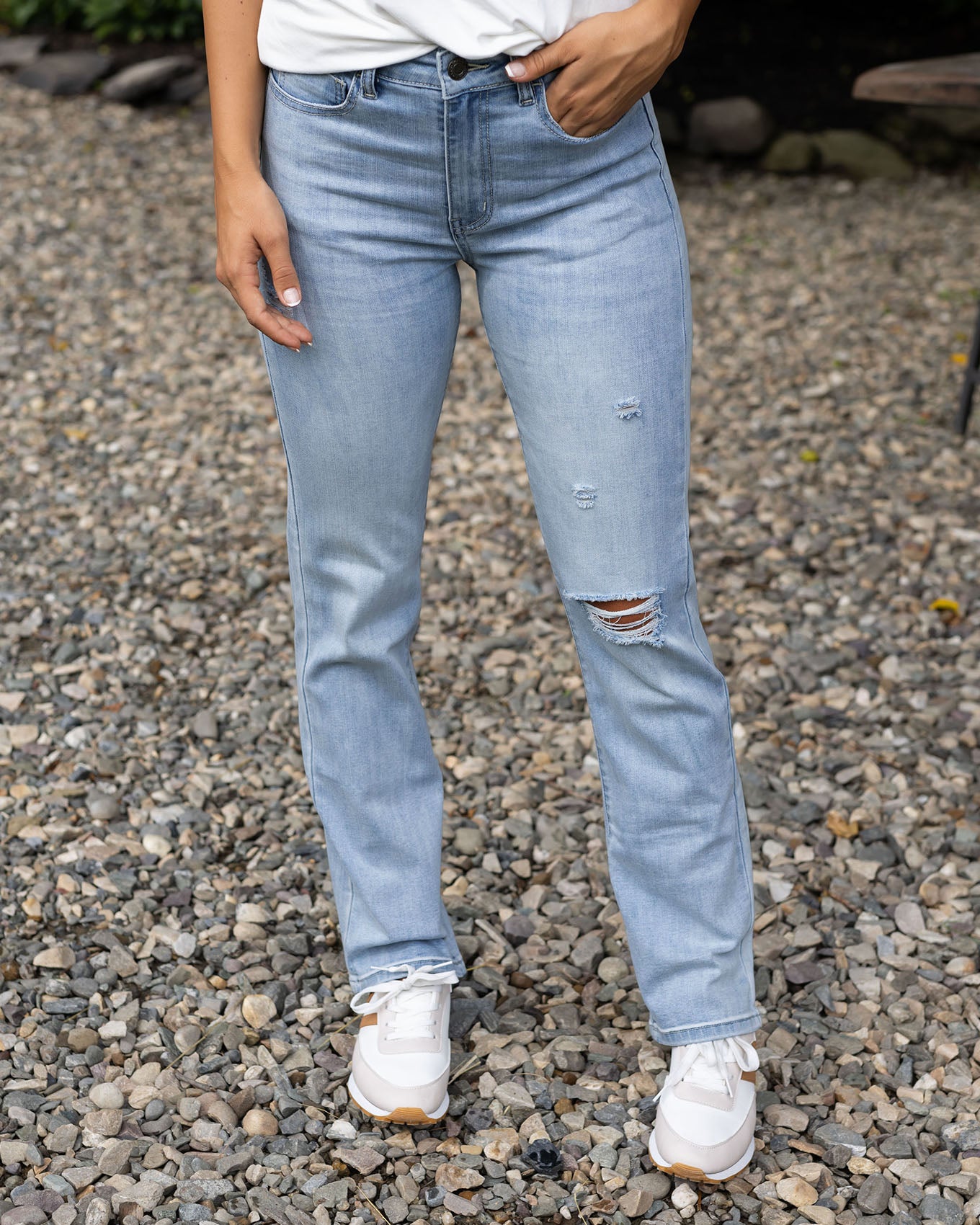 Mel's Fave Distressed Light Mid-Wash Full Length Jeans Grace and