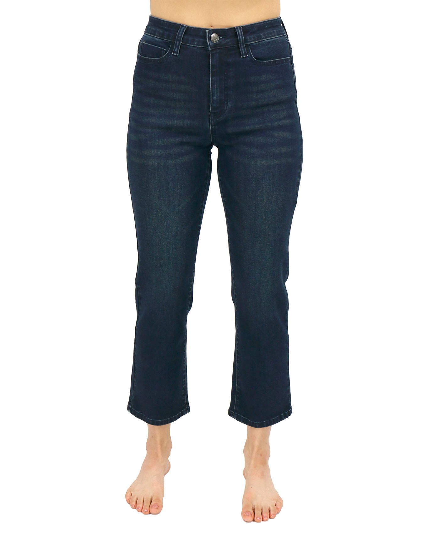 Front stock shot of Dark Denim Mel’s Fave Distressed Cropped Straight Leg Denim