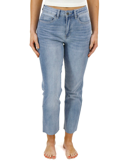 Front stock shot of Light-Mid Wash Mel’s Fave Non Distressed Straight Leg Cropped Denim