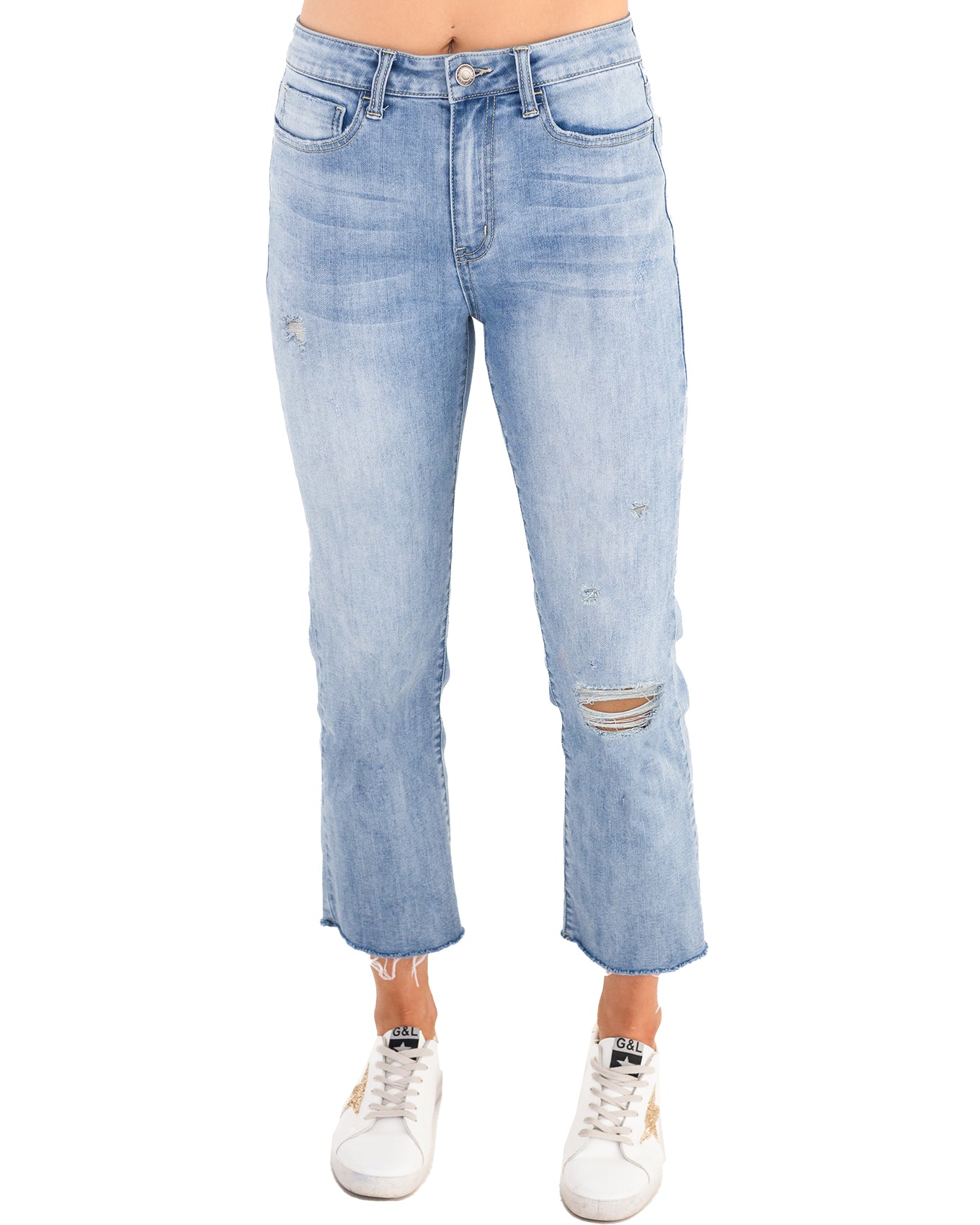 Front stock shot of Light-Mid Wash Mel’s Fave Distressed Cropped Straight Leg Denim