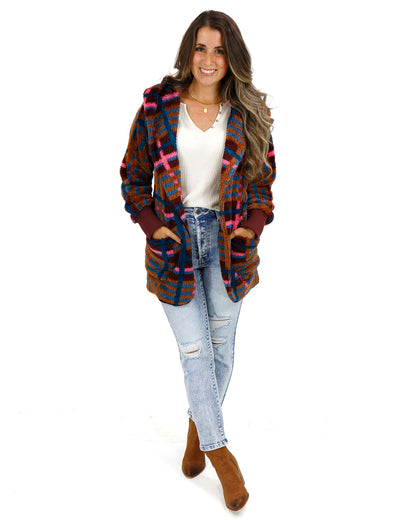 styled view stock shot of fleece jewel plaid wrap jacket