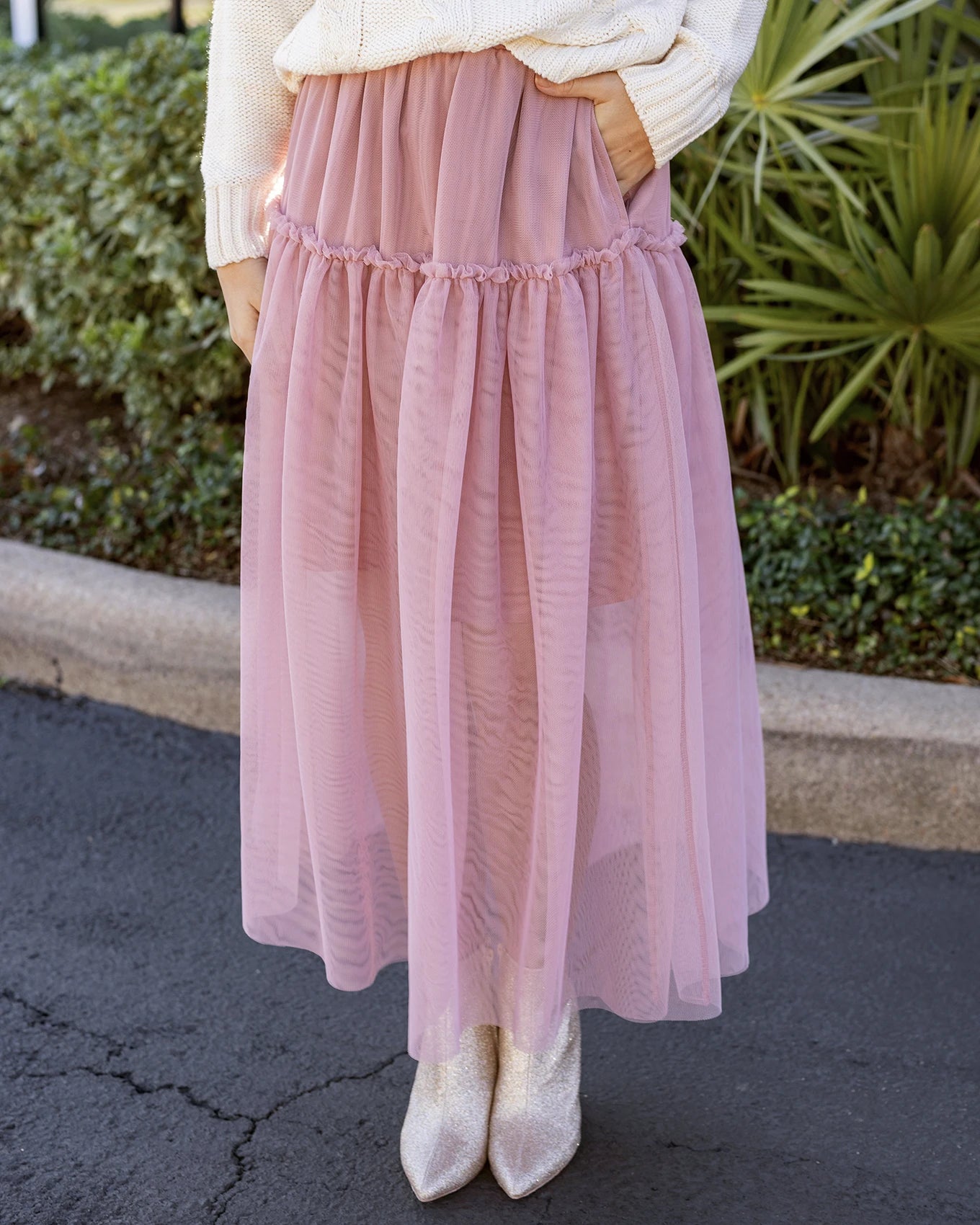 Mesh Tiered Blush Maxi Skirt Grace and Lace