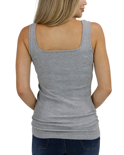 back view stock shot of square neck perfect fit tank top in heathered grey