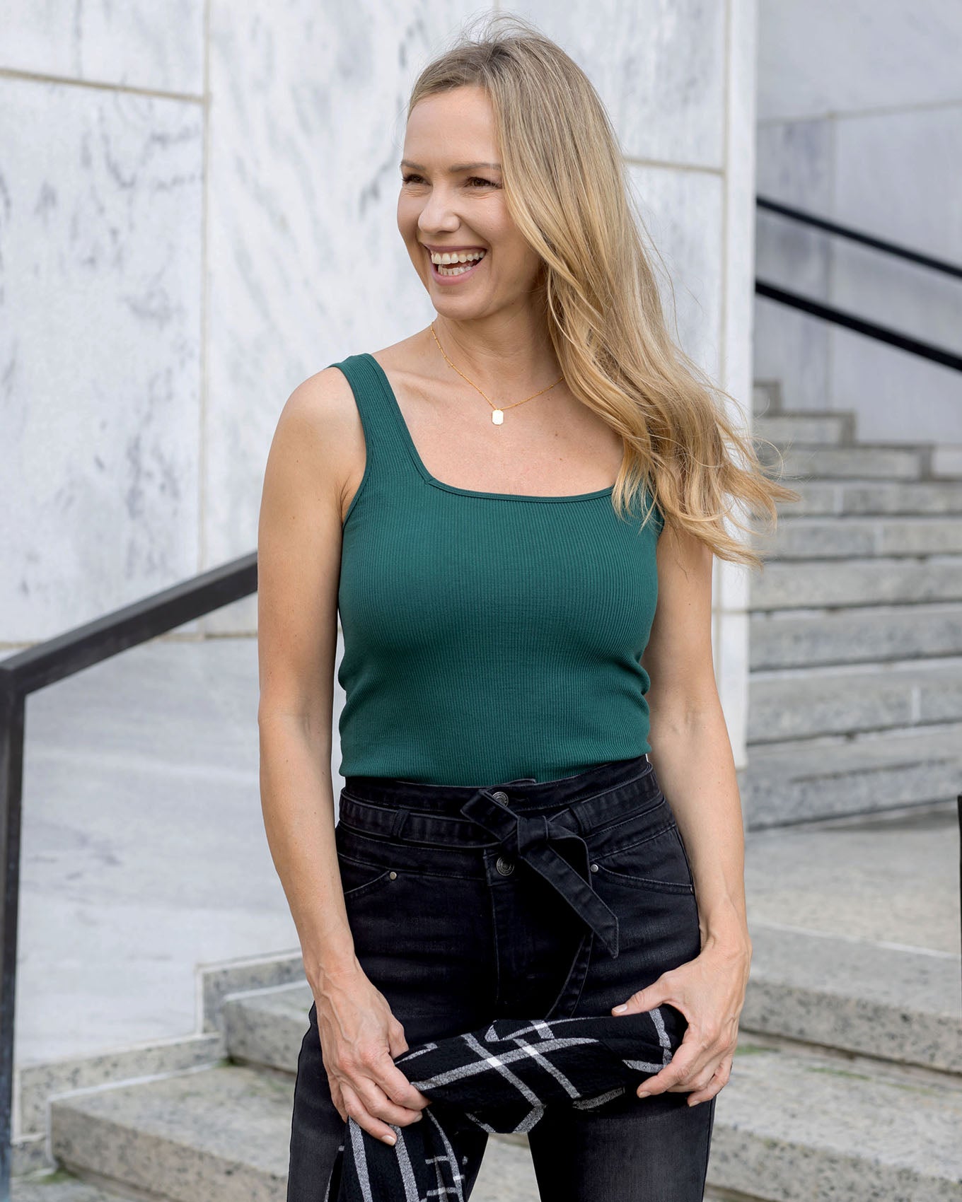 styled view of square neck perfect fit tank in emerald