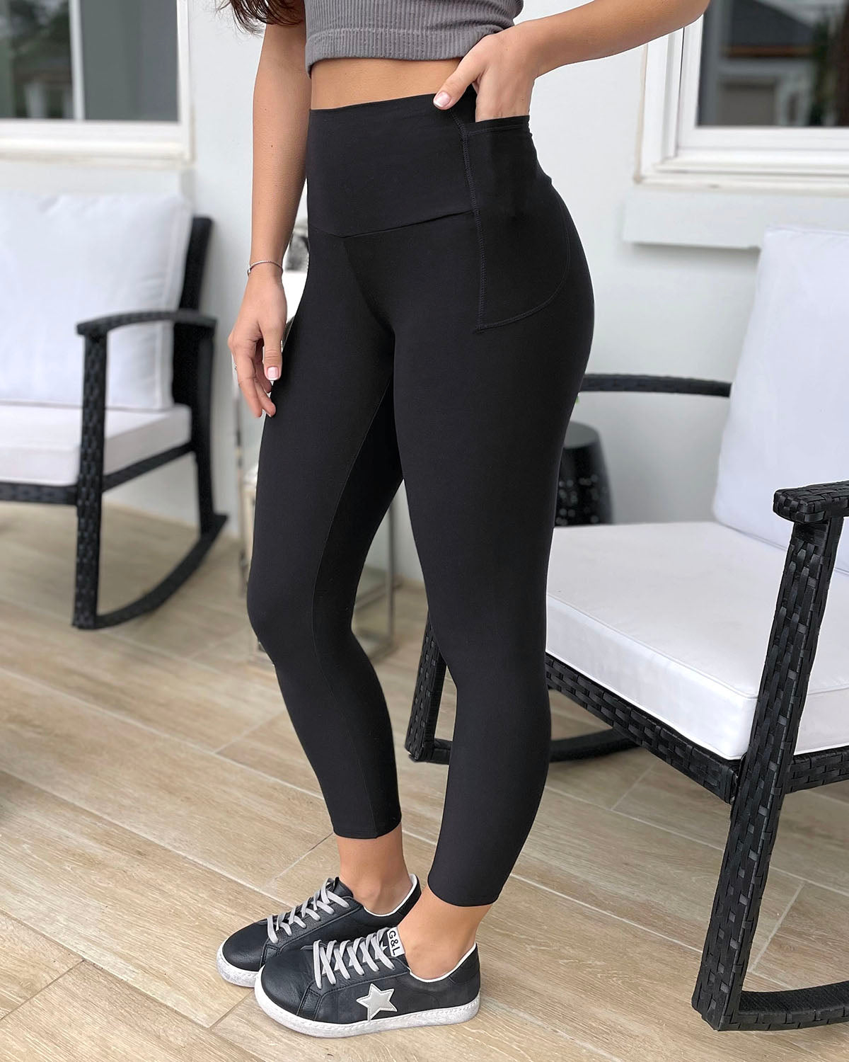 Side view of Black Cropped Mid Weight Daily Pocket Leggings 