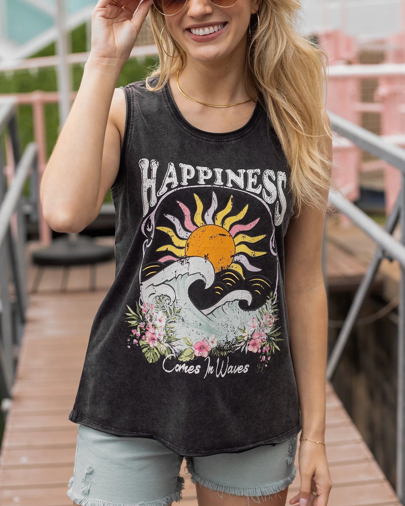 Mineral Washed Graphic Tank - Happiness