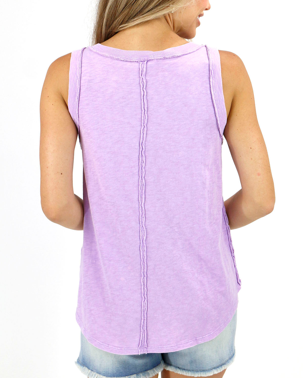 back view stock shot of mineral washed tank in dusty orchid womens knit tank