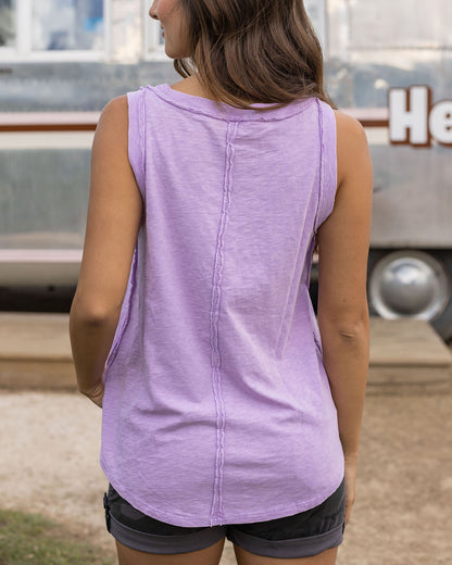 back view of dusty orchid mineral washed tank womens knit tank