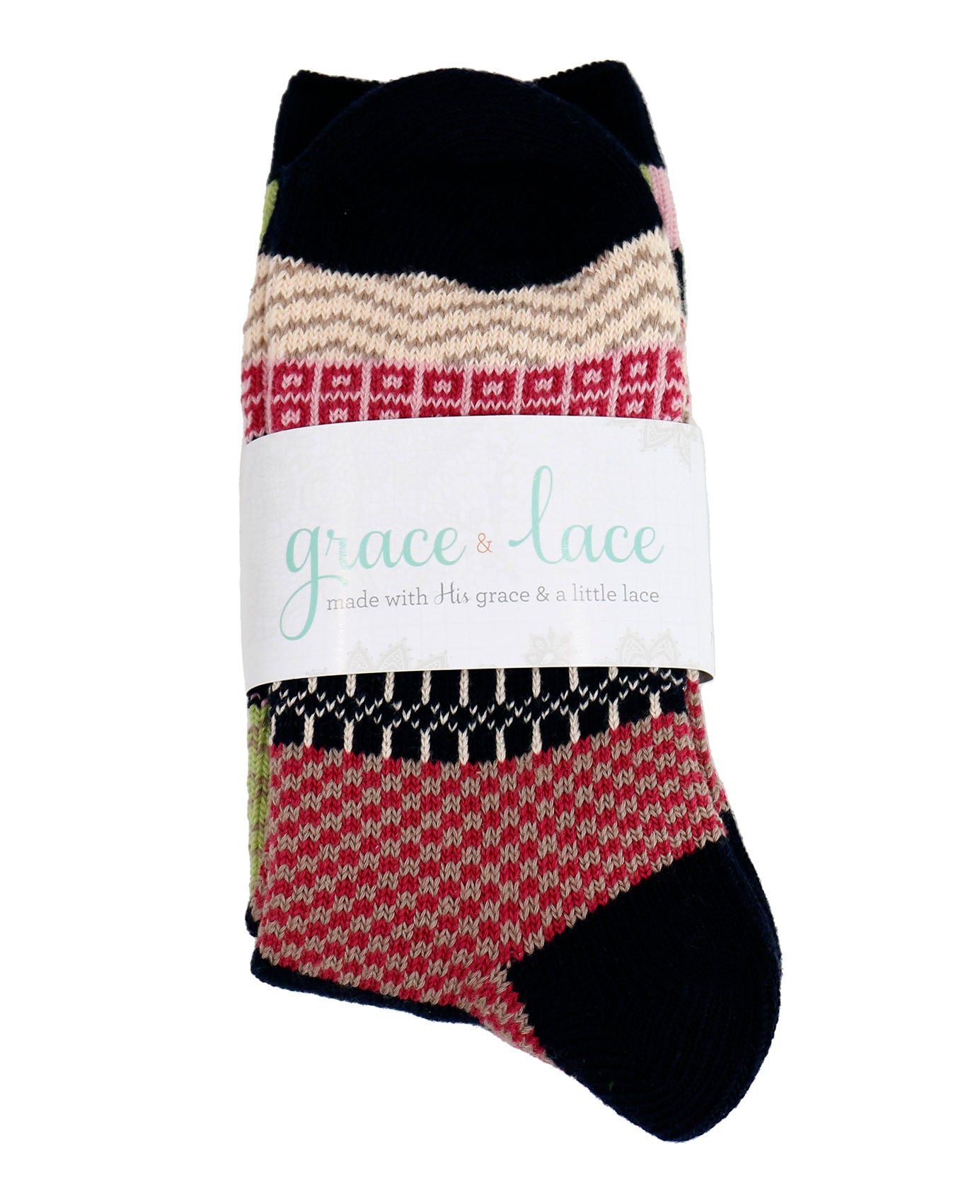 packaged view of navy/pink/lime intarsia socks