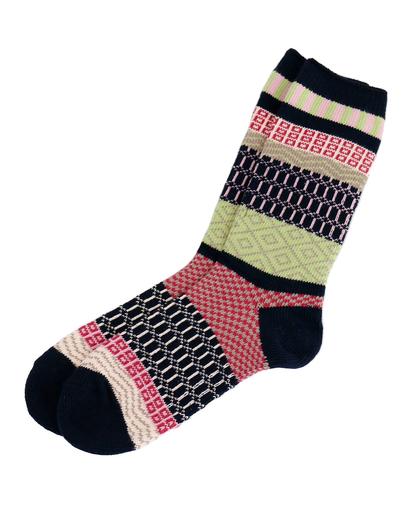 view of navy/pink/lime intarsia socks
