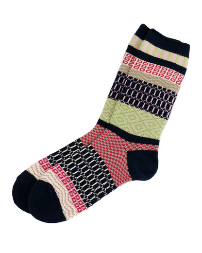 view of navy/pink/lime intarsia socks