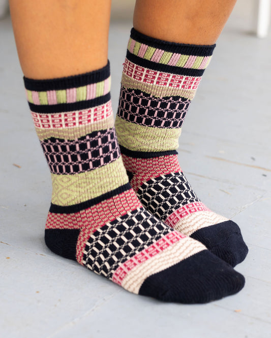 front view of navy/pink/lime intarsia socks