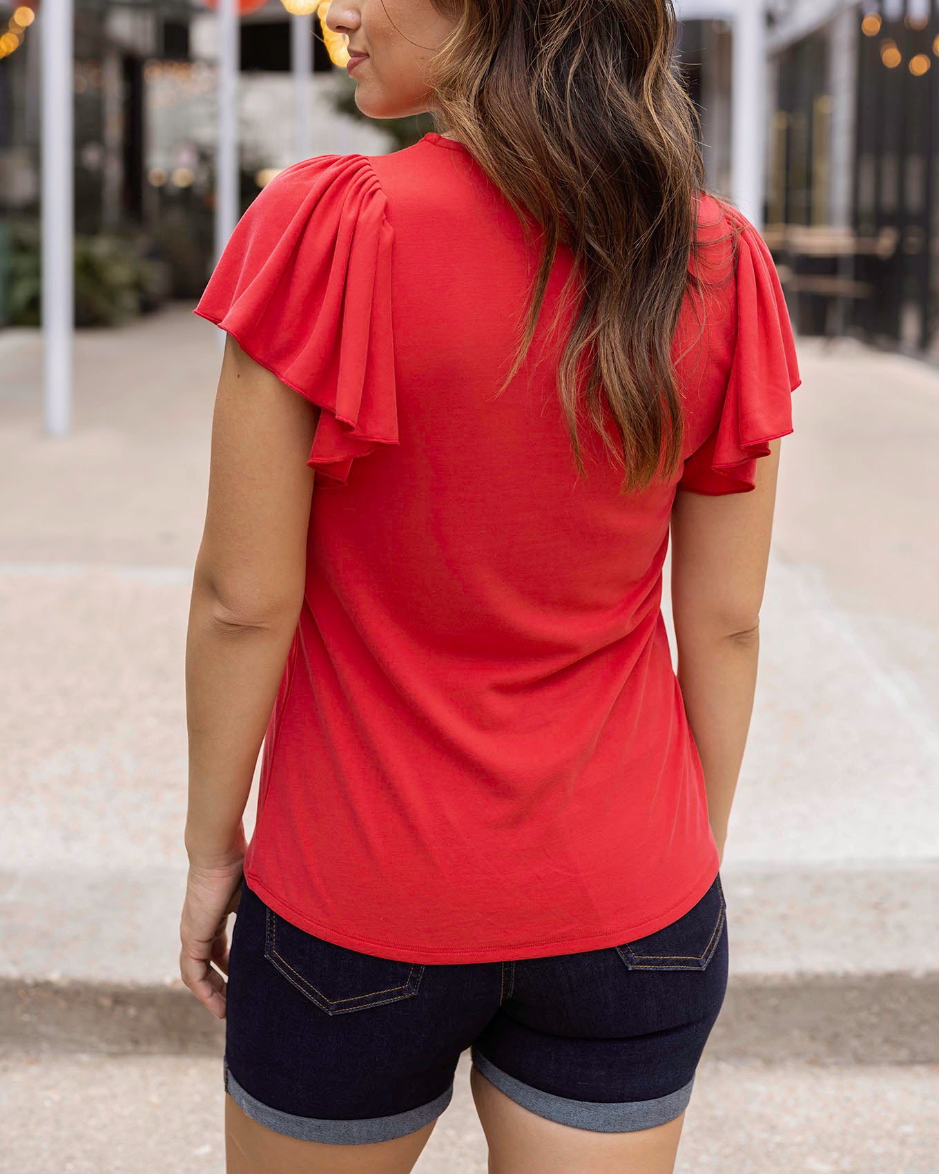 Back view of Cherry Modal Flutter Sleeve Top