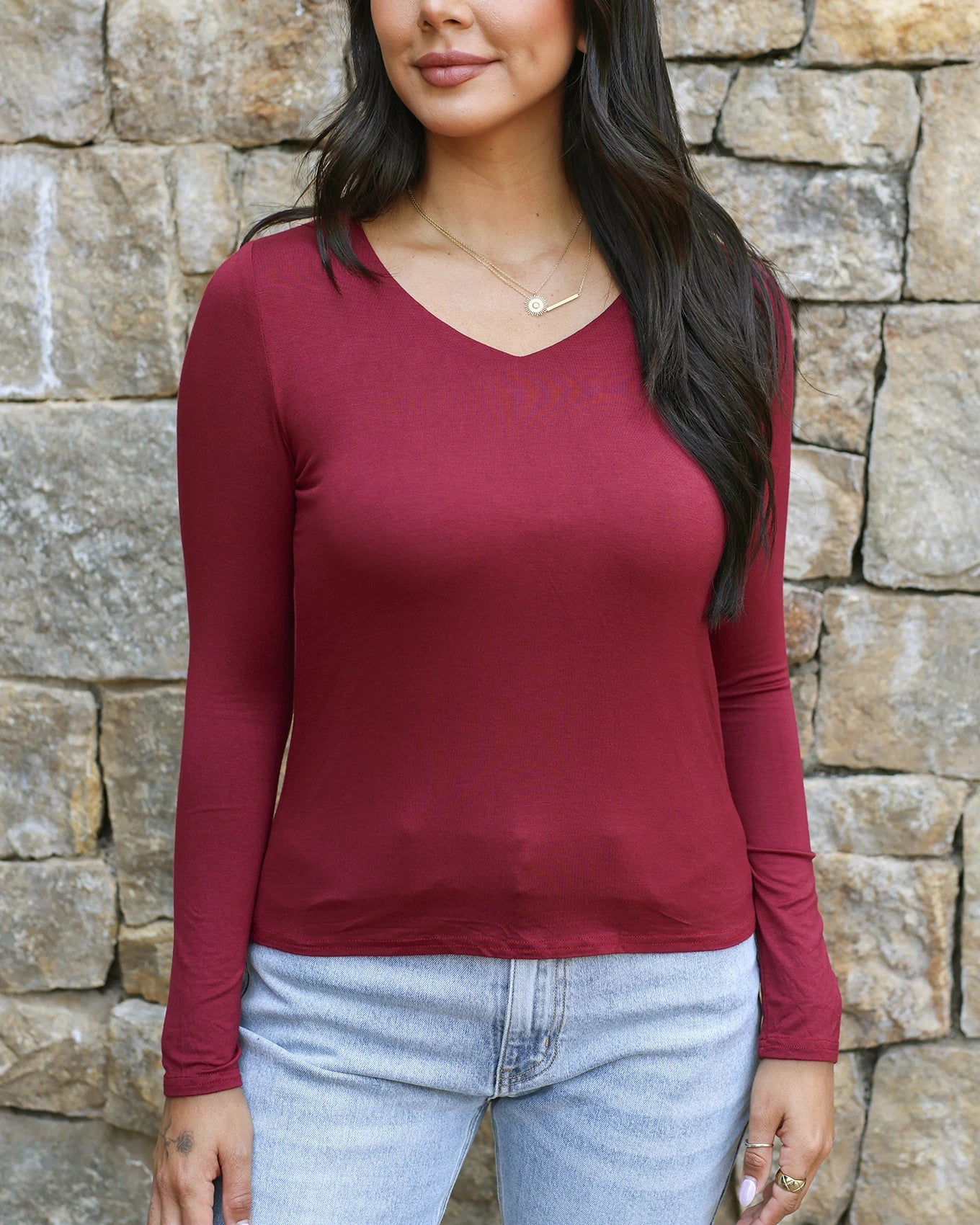 Modal V-Neck Red Long Sleeve Tee - Grace and Lace Modal V-Neck Red Long Sleeve Tee - Grace and Lace