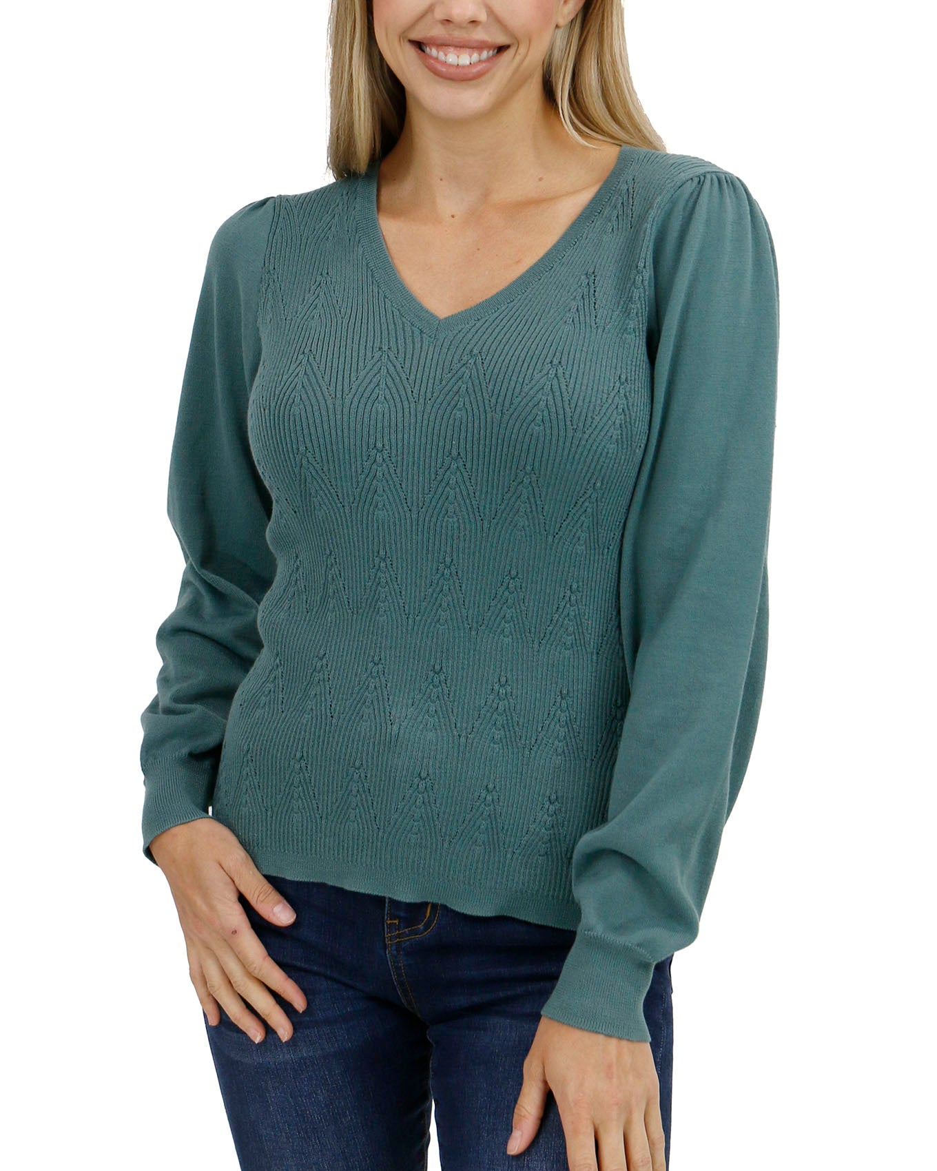 front view stock shot of pointelle sweater