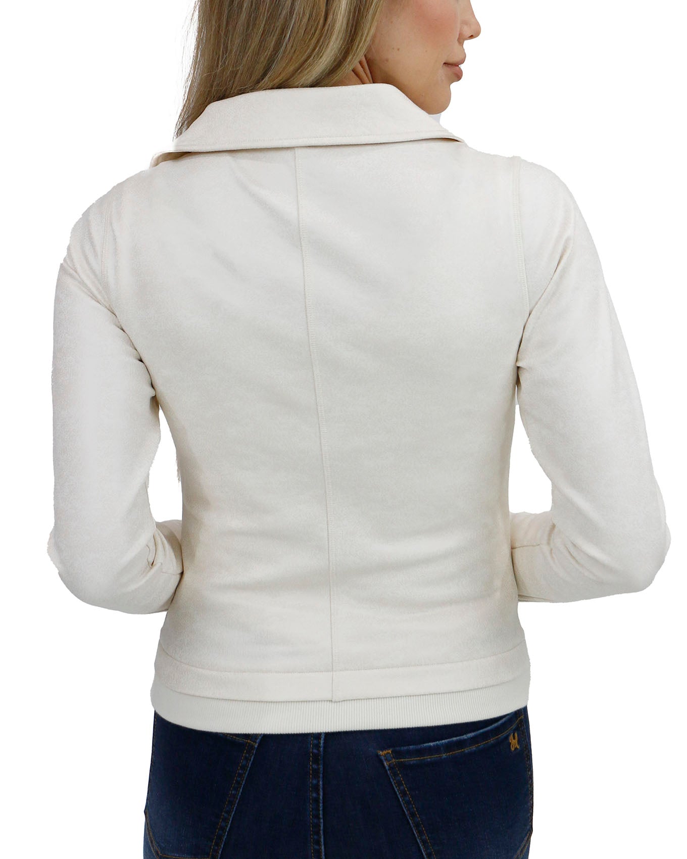 back view stock shot of cream move-free leather like moto jacket