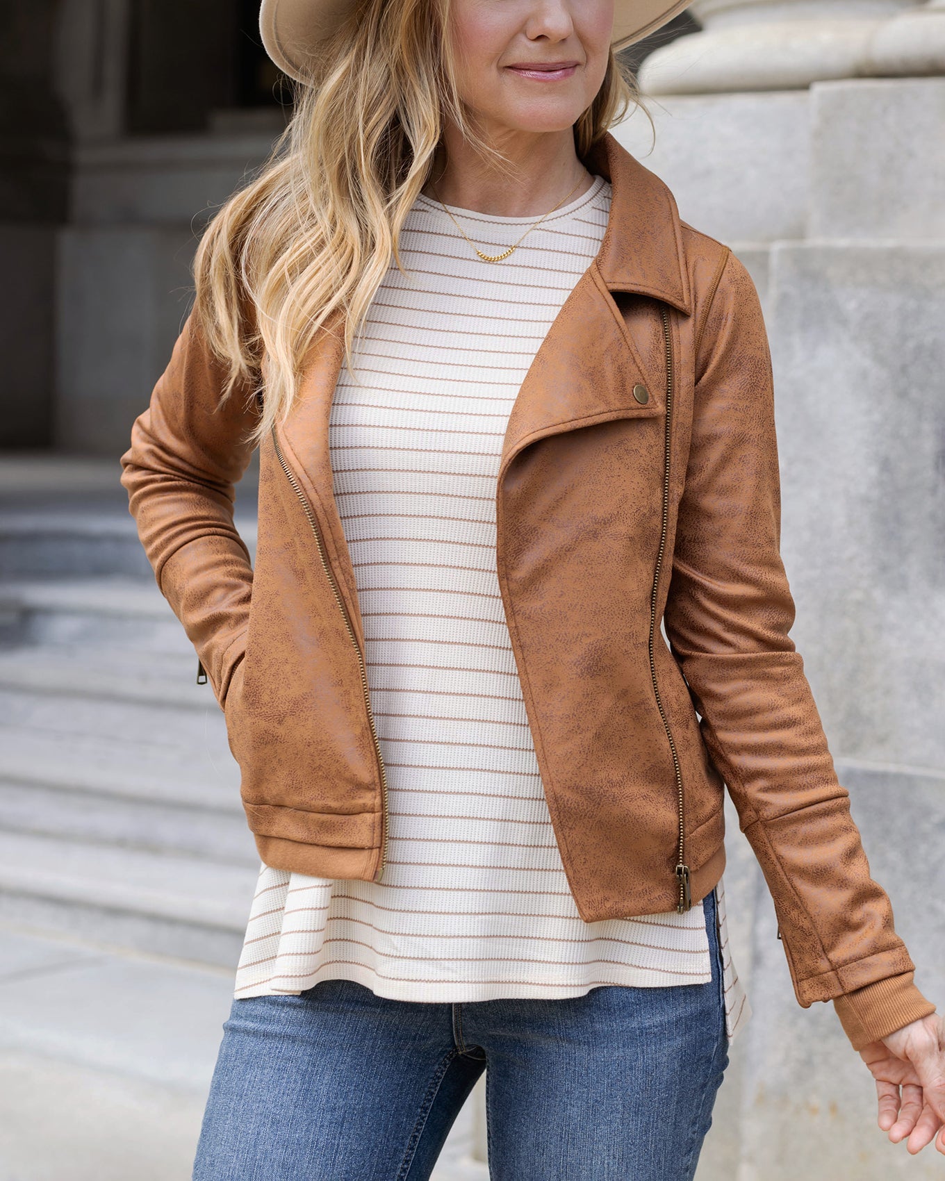 front view of camel move-free leather like moto jacket