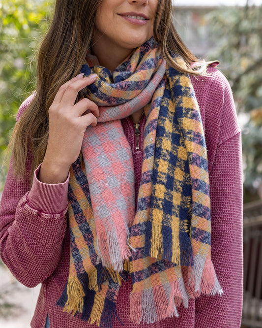 front view of multi check scarf