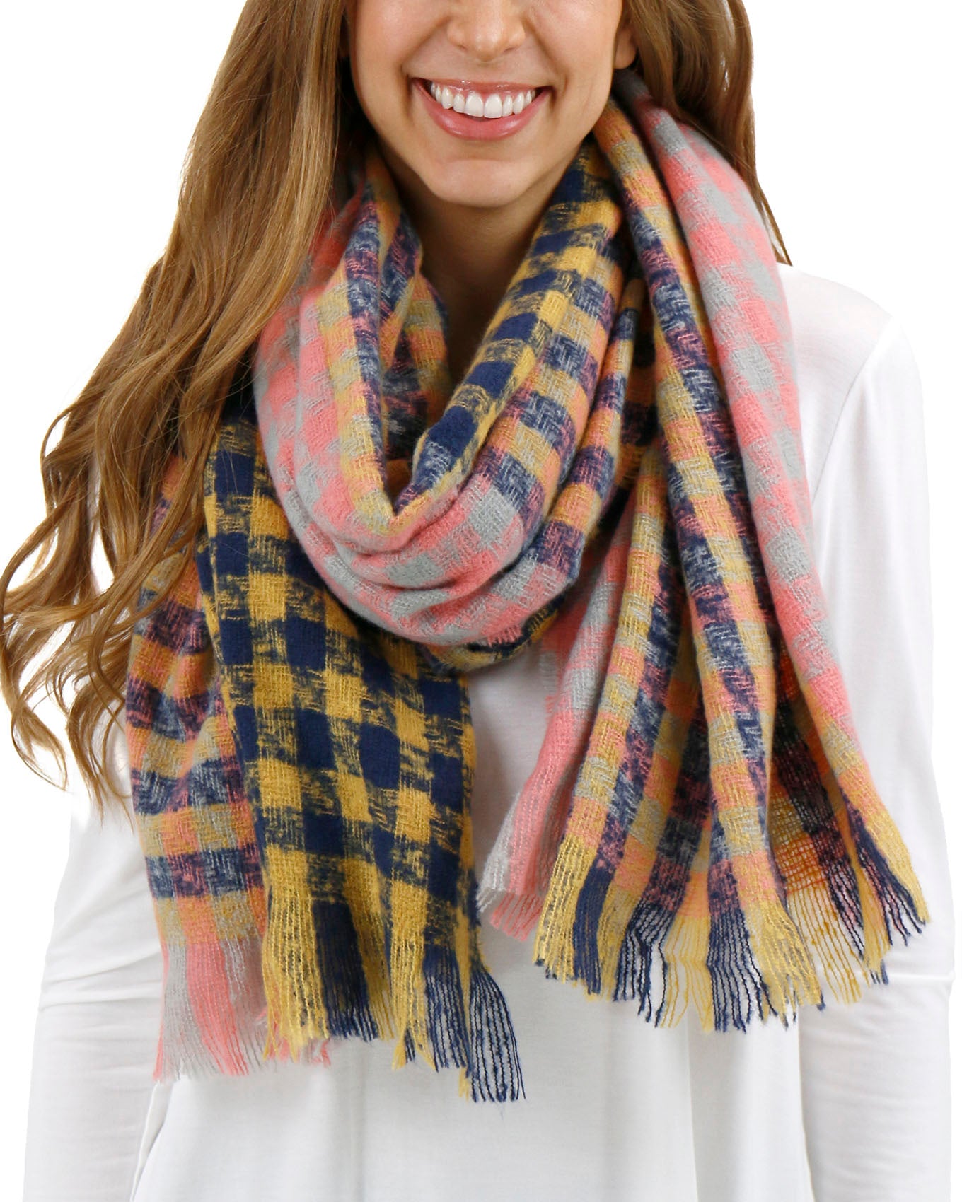 stock shot view of multi check scarf